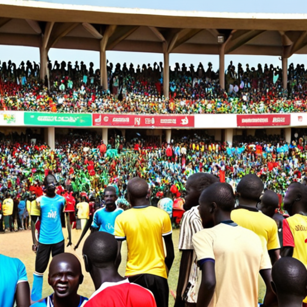 A vibrant, colorful scene of a South Sudanese football match in a local stadium, with enthusiastic fans cheering in the stands, showcasing the passion for football.