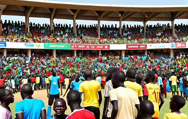 A vibrant, colorful scene of a South Sudanese football match in a local stadium, with enthusiastic fans cheering in the stands, showcasing the passion for football.