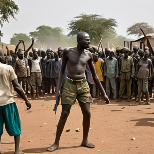 Home 18 **Political Instability in South Sudan:** A chaotic scene depicting clashes between different ethnic groups, symbolizing the power struggles and political instability. Show visible signs of poverty and desperation in the background.
