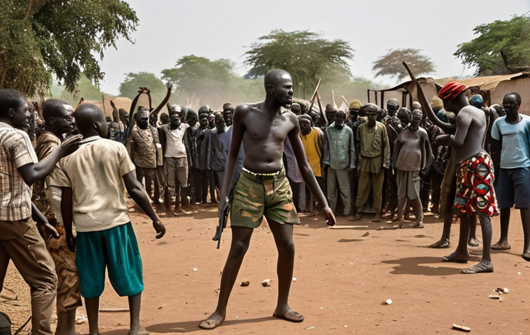 **Political Instability in South Sudan:** A chaotic scene depicting clashes between different ethnic groups, symbolizing the power struggles and political instability. Show visible signs of poverty and desperation in the background.