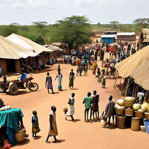 Home 17 ** A bustling South Sudanese marketplace scene. In the foreground, diverse groups of people are trading agricultural goods and local crafts. In the background, oil derricks and gold mines symbolize natural resource extraction. Modern buildings are interspersed with traditional huts, showcasing the blend of development and culture.
**