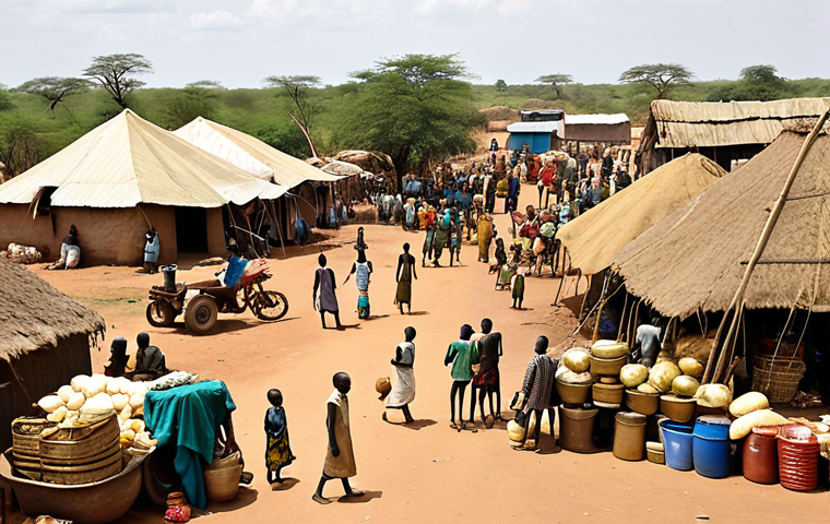 ** A bustling South Sudanese marketplace scene. In the foreground, diverse groups of people are trading agricultural goods and local crafts. In the background, oil derricks and gold mines symbolize natural resource extraction. Modern buildings are interspersed with traditional huts, showcasing the blend of development and culture.
**