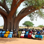 **Image Prompt:** A vibrant scene in a South Sudanese village. Focus on community members engaged in a peace dialogue. Include local leaders, women, and elders, all gathered under a large tree. The atmosphere should convey hope and reconciliation. In the background, show newly constructed school or clinic, symbolizing progress and development.