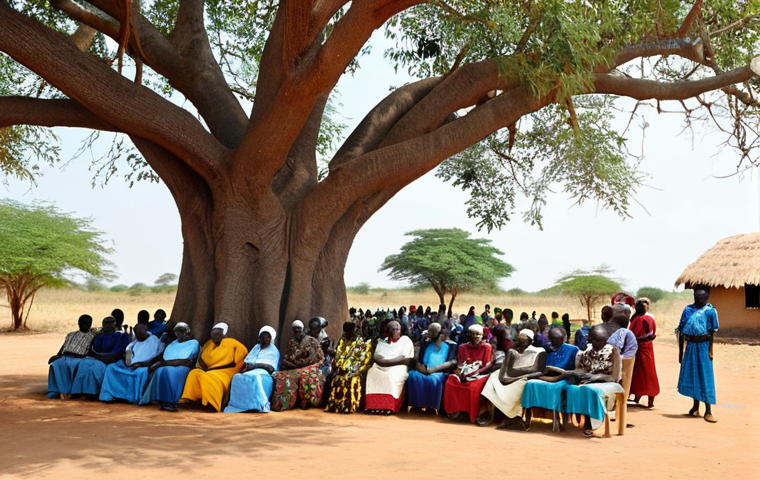 **Image Prompt:** A vibrant scene in a South Sudanese village. Focus on community members engaged in a peace dialogue. Include local leaders, women, and elders, all gathered under a large tree. The atmosphere should convey hope and reconciliation. In the background, show newly constructed school or clinic, symbolizing progress and development.